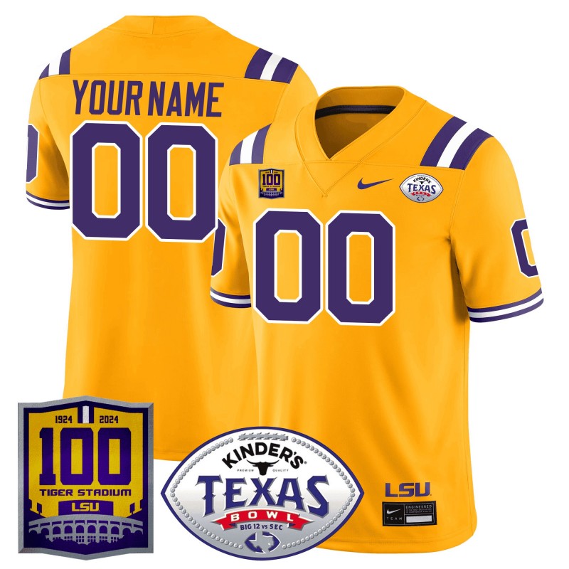 Custom LSU Tigers 100 Years of Tiger Stadium & Texas Bowl Patch Nike Vapor Limited College Football Stitched Jersey Gold