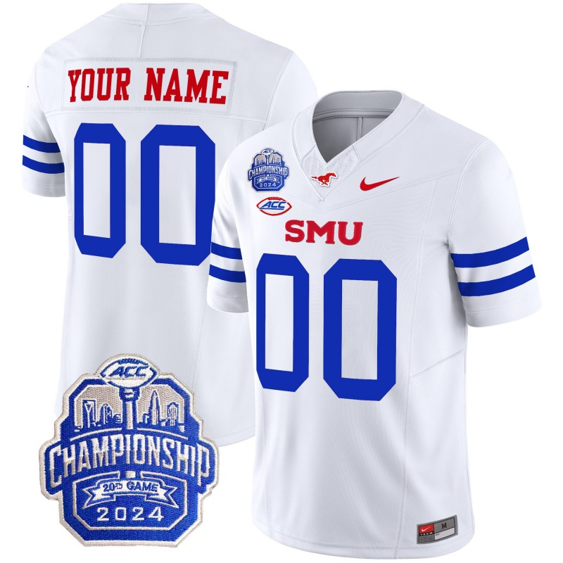 Custom SMU Mustangs 2024 ACC Championship Patch Nike Fuse Vapor Limited College Football Stitched Jersey White