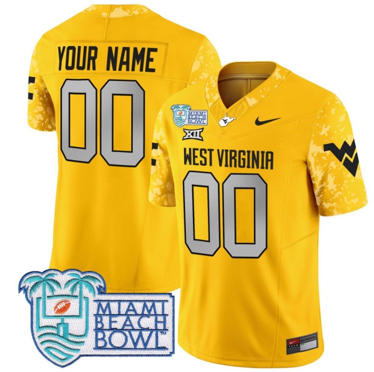 Custom West Virginia Mountaineers Jersey 2025 Miami Beach Bowl Patch FUSE Vapor Nike Limited Gold