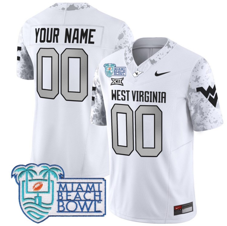 Custom West Virginia Mountaineers Jersey 2025 Miami Beach Bowl Patch FUSE Vapor Nike Limited White