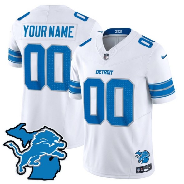 Men's Detroit Lions Customized White 2024 F.U.S.E. With Michigan State Map Patch Vapor Limited Nike Stitched NFL Jersey