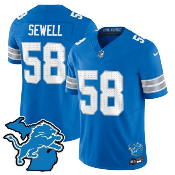 Men's Detroit Lions #58 Penei Sewell Blue 2024 F.U.S.E. With Michigan State Map Patch Vapor Limited Nike Stitched NFL Jersey