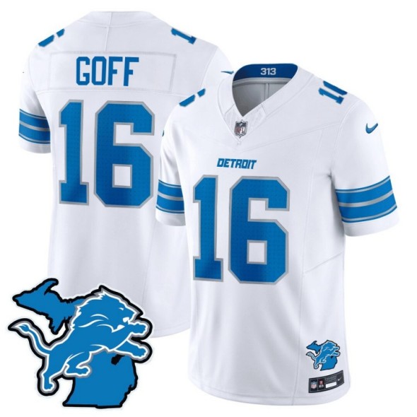 Men's Detroit Lions #16 Jared Goff White 2024 F.U.S.E. With Michigan State Map Patch Vapor Limited Nike Stitched NFL Jersey