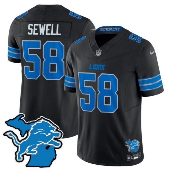 Men's Detroit Lions #58 Penei Sewell Black 2024 F.U.S.E. With Michigan State Map Patch Vapor Limited Nike Stitched NFL Jersey