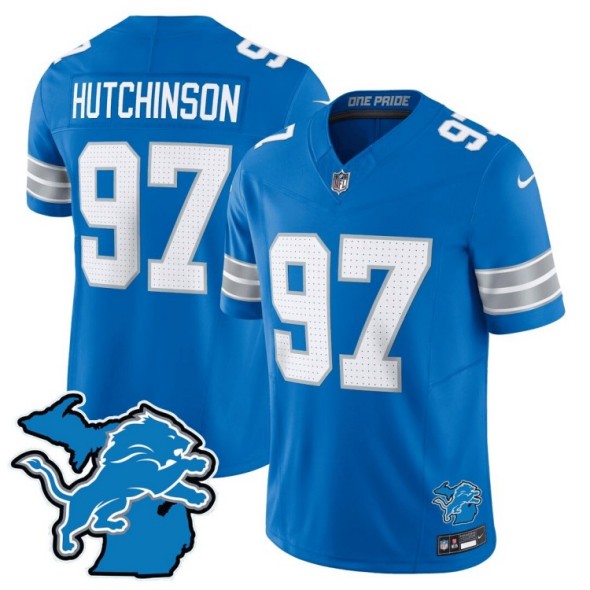 Men's Detroit Lions #97 Aidan Hutchinson Blue 2024 F.U.S.E. With Michigan State Map Patch Vapor Limited Nike Stitched NFL Jersey