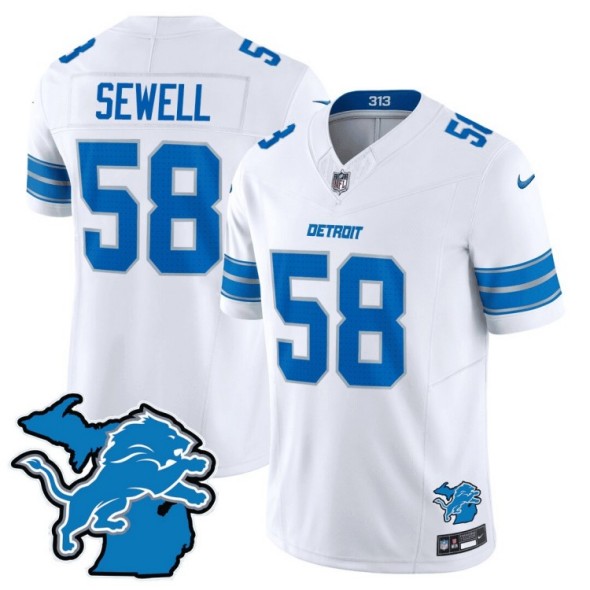 Men's Detroit Lions #58 Penei Sewell White 2024 F.U.S.E. With Michigan State Map Patch Vapor Limited Nike Stitched NFL Jersey