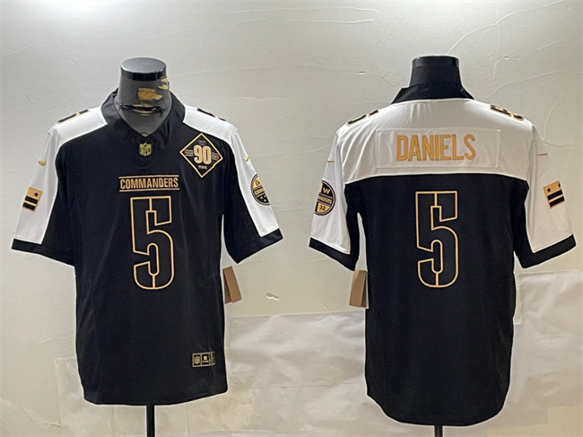 Men's Washington Commanders #5 Jayden Daniels Black Gold 2024 F.U.S.E. 90th Anniversary Vapor Limited Stitched Football Jersey