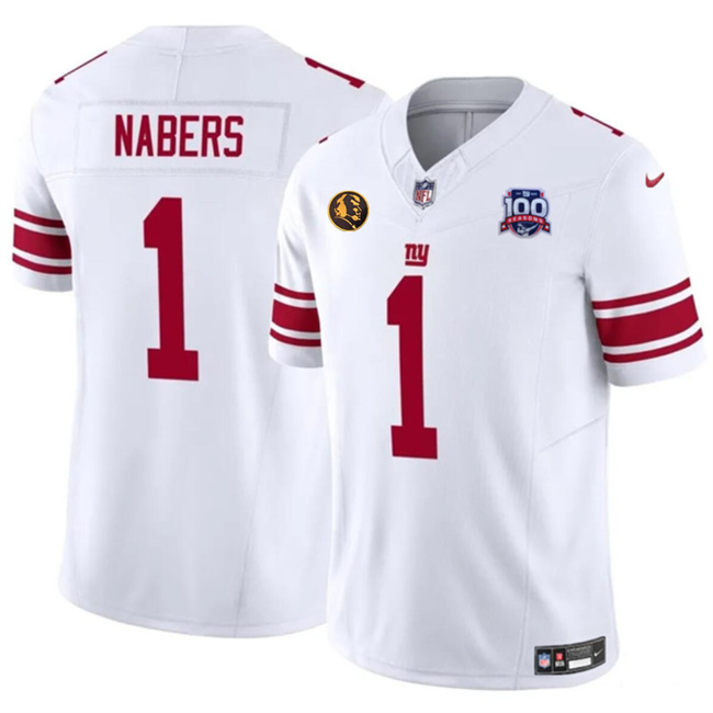 Men's New York Giants #1 Malik Nabers White 2024 Draft F.U.S.E. With John Madden Patch And 100TH Season Patch Vapor Untouchable Limited Stitched Jersey