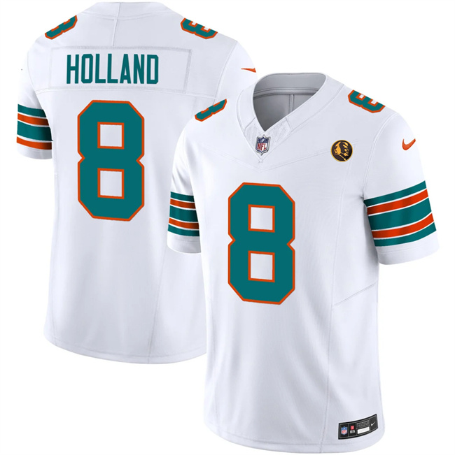 Men's Miami Dolphins #8 Jevon Holland White 2023 F.U.S.E. With John Madden Patch Alternate With John Madden Patch And 3-Star C Patch Vapor Limited Stitched Football Jersey