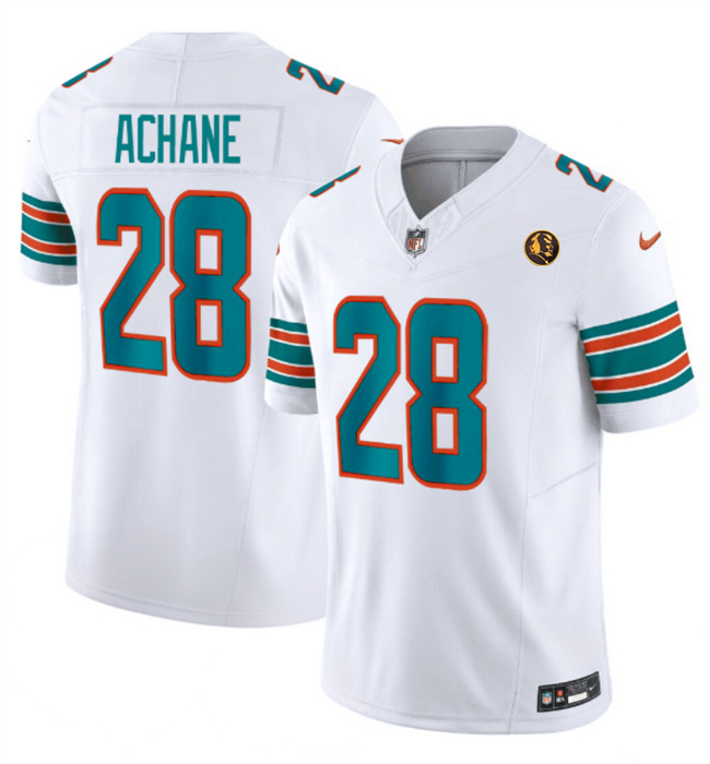 Men's Miami Dolphins #28 De'Von Achane White 2023 F.U.S.E. Alternate With John Madden Patch Vapor Limited Stitched Football Jersey