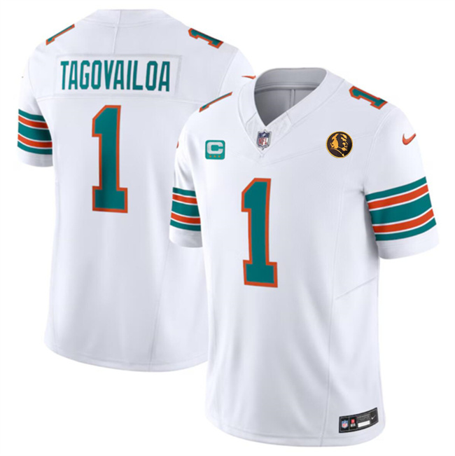 Men's Miami Dolphins #1 Tua Tagovailoa White 2023 F.U.S.E. Alternate With John Madden Patch And 3-Star C Patch Vapor Limited Stitched Football Jersey