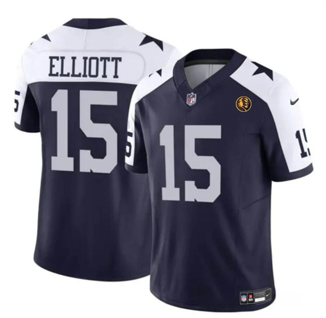 Men's Dallas Cowboys #15 Ezekiel Elliott Navy 2023 F.U.S.E. With John Madden Patch Thanksgiving Vapor Limited Stitched Football Jersey