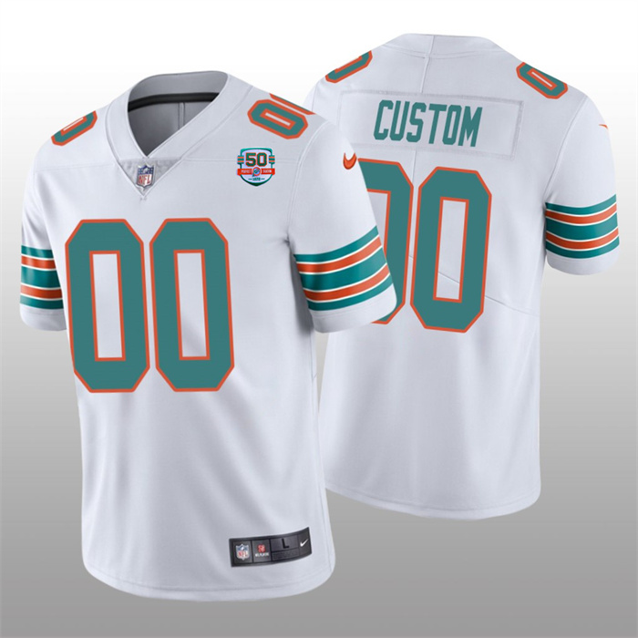 Men's Nike Miami Dolphins Customized 2022 White With 50th Perfect Season Patch Limited Stitched Jersey