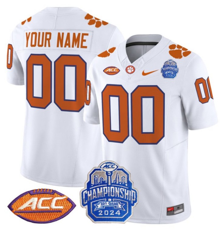 Custom Nike Clemson Tigers Jersey 2024 ACC Championship Patch F.U.S.E. Vapor Limited Stitched College Football White