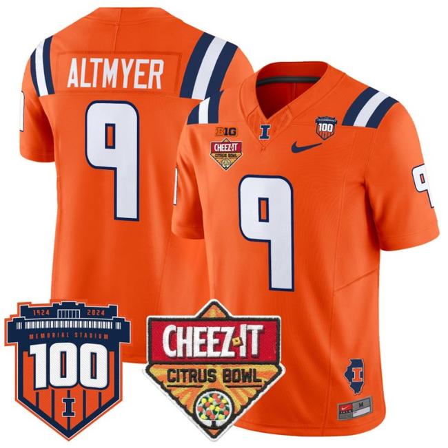 Men's Nike Luke Altmyer Jersey #9 Illinois Fighting 2025 Cheez-It Citrus Bowl Patch F.U.S.E. Vapor Limited Stitched College Football Orange