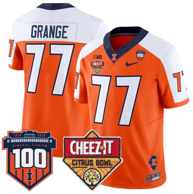 Men's Nike Red Grange Jersey #77 Illinois Fighting 2025 Cheez-It Citrus Bowl Patch F.U.S.E. Vapor Limited Stitched College Football Orange Alternate