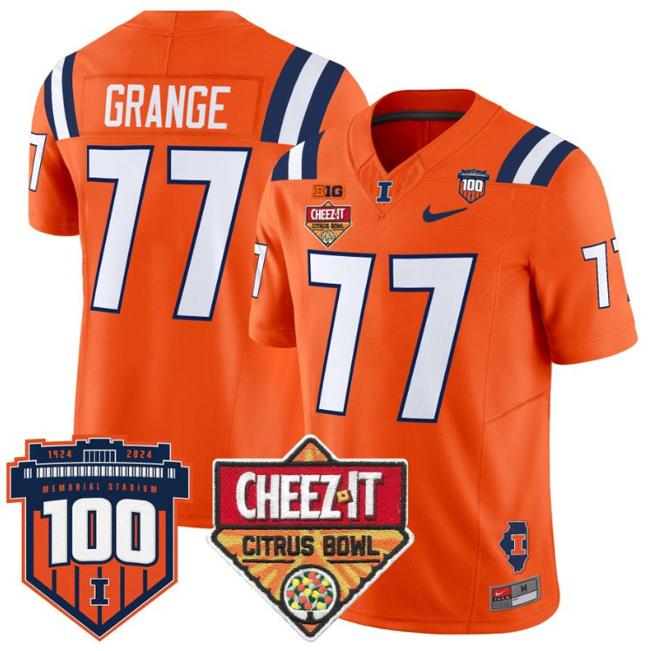 Men's Nike Red Grange Jersey #77 Illinois Fighting 2025 Cheez-It Citrus Bowl Patch F.U.S.E. Vapor Limited Stitched College Football Orange