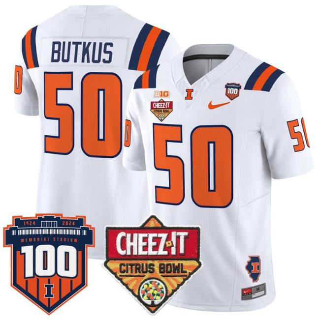 Men's Nike Dick Butkus Jersey #50 Illinois Fighting 2025 Cheez-It Citrus Bowl Patch F.U.S.E. Vapor Limited Stitched College Football White