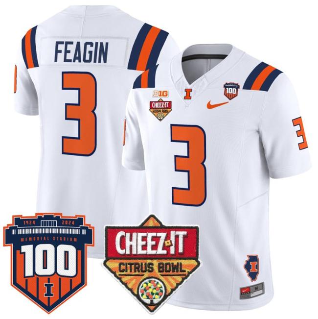 Men's Nike Kaden Feagin Jersey #3 Illinois Fighting 2025 Cheez-It Citrus Bowl Patch F.U.S.E. Vapor Limited Stitched College Football White