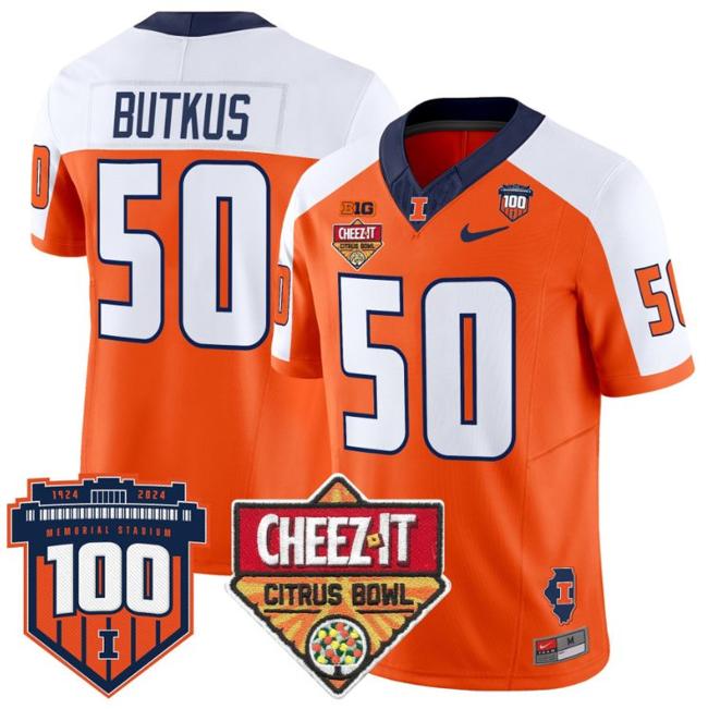 Men's Nike Dick Butkus Jersey #50 Illinois Fighting 2025 Cheez-It Citrus Bowl Patch F.U.S.E. Vapor Limited Stitched College Football Orange Alternate