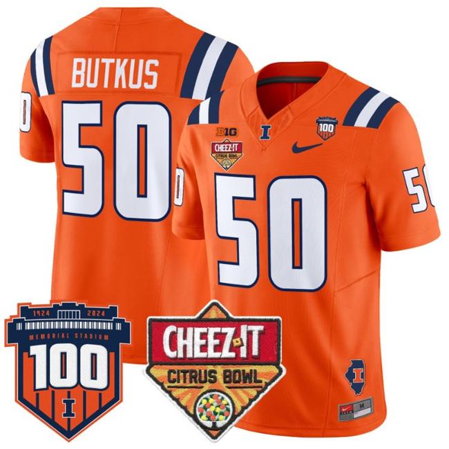 Men's Nike Dick Butkus Jersey #50 Illinois Fighting 2025 Cheez-It Citrus Bowl Patch F.U.S.E. Vapor Limited Stitched College Football Orange