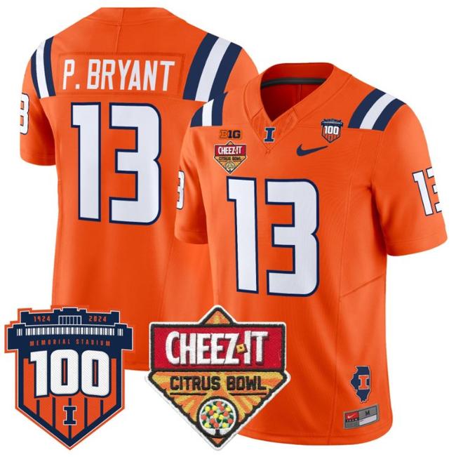 Men's Nike Pat Bryant Jersey #13 Illinois Fighting 2025 Cheez-It Citrus Bowl Patch F.U.S.E. Vapor Limited Stitched College Football Orange