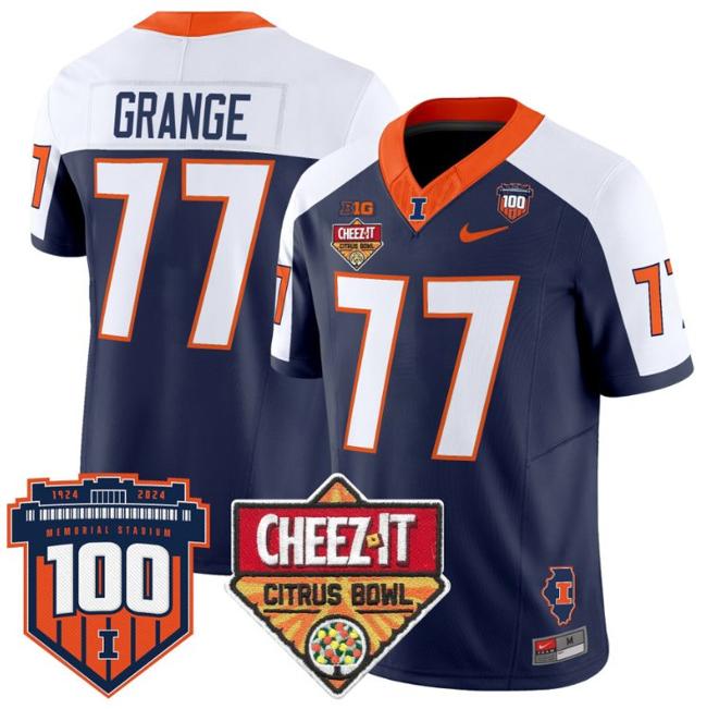 Men's Nike Red Grange Jersey #77 Illinois Fighting 2025 Cheez-It Citrus Bowl Patch F.U.S.E. Vapor Limited Stitched College Football Navy Alternate