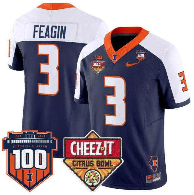 Men's Nike Kaden Feagin Jersey #3 Illinois Fighting 2025 Cheez-It Citrus Bowl Patch F.U.S.E. Vapor Limited Stitched College Football Navy Alternate