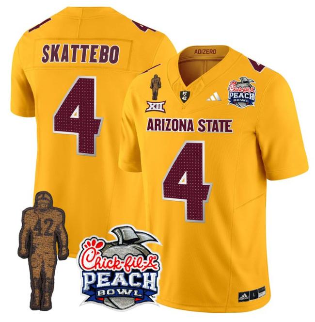 Men's Adidas Cam Skattebo Jersey #4 Arizona State Sun Devils Peach Bowl Patch Football V2 Gold