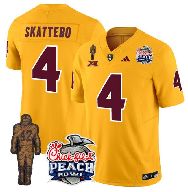 Men's Adidas Cam Skattebo Jersey #4 Arizona State Sun Devils Pat Tillman Peach Bowl Patch Gold