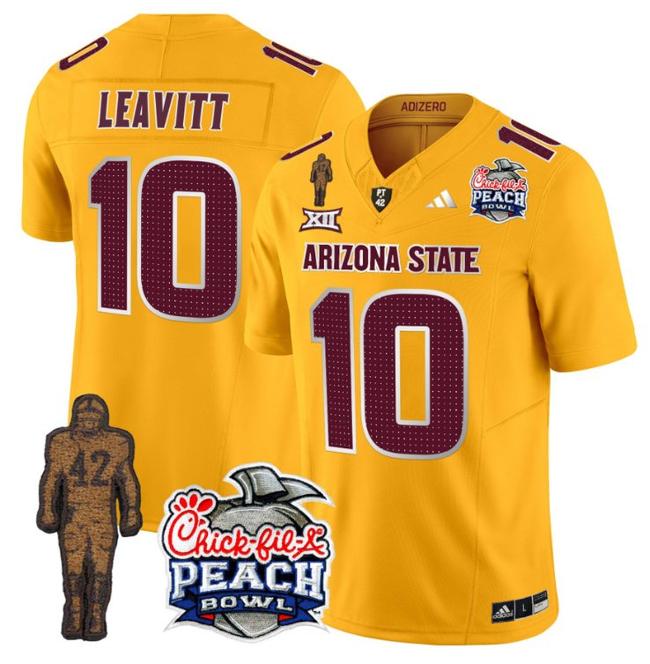 Men's Adidas Sam Leavitt Jersey #10 Arizona State Sun Devils Peach Bowl Patch Football V2 Gold