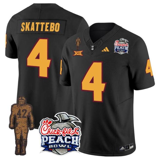 Men's Adidas Cam Skattebo Jersey #4 Arizona State Sun Devils Pat Tillman Peach Bowl Patch Black