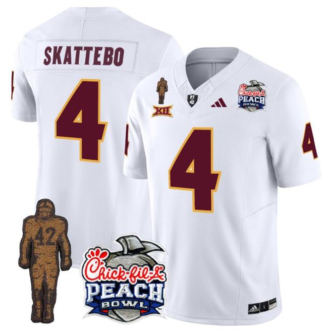 Men's Adidas Cam Skattebo Jersey #4 Arizona State Sun Devils Pat Tillman Peach Bowl Patch White