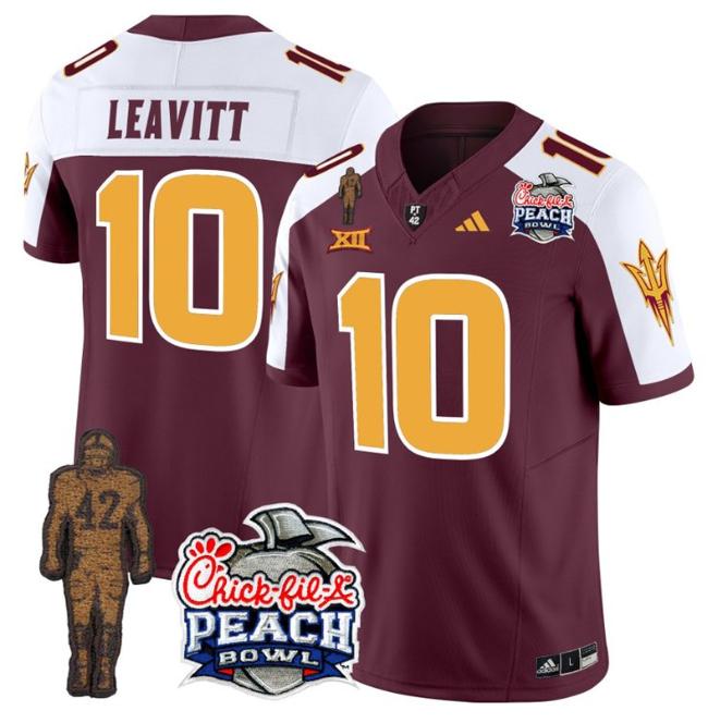 Men's Adidas Sam Leavitt Jersey #10 Arizona State Sun Devils Pat Tillman Peach Bowl Patch Maroon Alternate