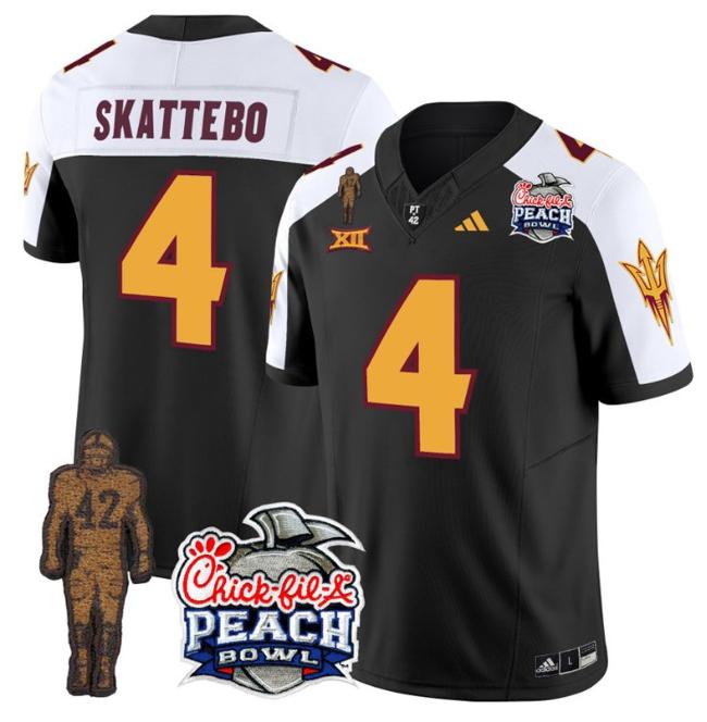 Men's Adidas Cam Skattebo Jersey #4 Arizona State Sun Devils Pat Tillman Peach Bowl Patch Black Alternate