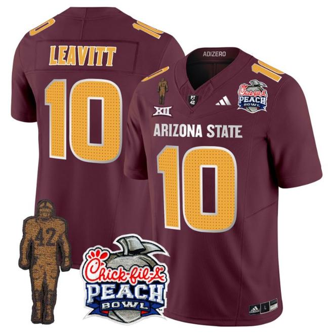 Men's Adidas Sam Leavitt Jersey #10 Arizona State Sun Devils Peach Bowl Patch Football V2 Maroon