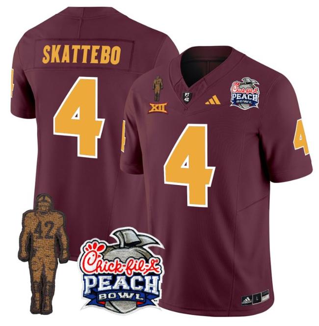 Men's Adidas Cam Skattebo Jersey #4 Arizona State Sun Devils Pat Tillman Peach Bowl Patch Maroon