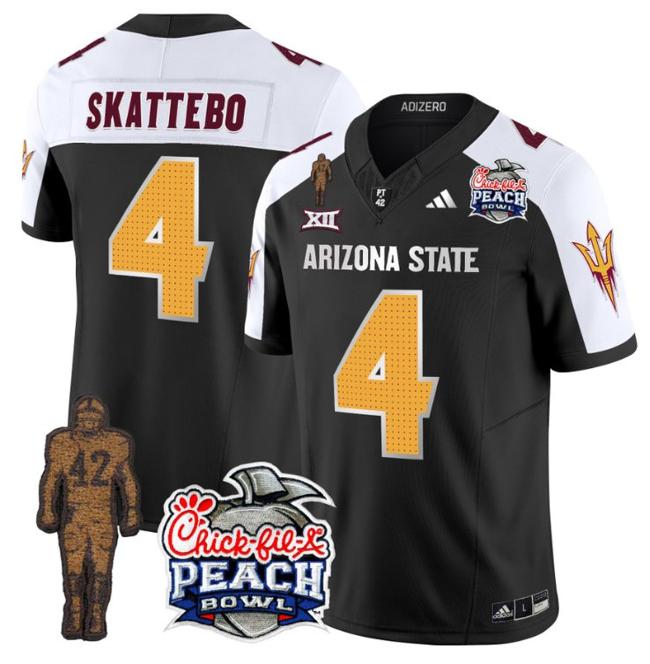 Men's Adidas Cam Skattebo Jersey #4 Arizona State Sun Devils Peach Bowl Patch Football V2 Black Alternate