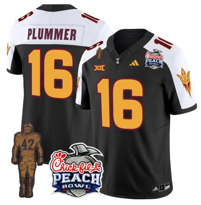 Men's Adidas Jake Plummer Jersey #16 Arizona State Sun Devils Pat Tillman Peach Bowl Patch Black ALternate