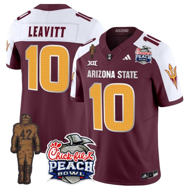 Men's Adidas Sam Leavitt Jersey #10 Arizona State Sun Devils Peach Bowl Patch Football V2 Maroon Alternate