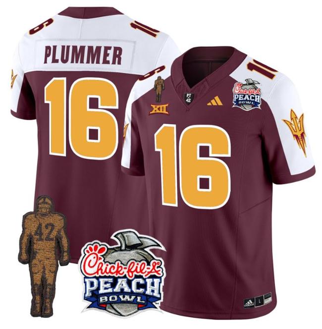 Men's Adidas Jake Plummer Jersey #16 Arizona State Sun Devils Pat Tillman Peach Bowl Patch Maroon Alternate