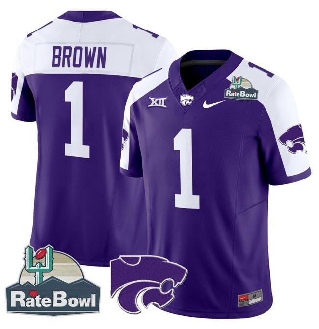 Men's Nike Jayce Brown Jersey #1 Kansas State Wildcats 2025 Rate Bowl Patch F.U.S.E. Vapor Limited Stitched College Football Purple Alternate