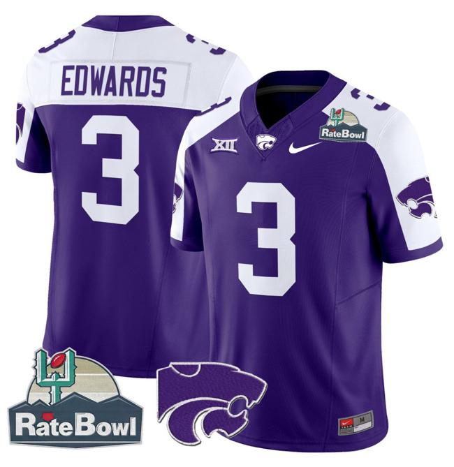 Men's Nike Dylan Edwards Jersey #3 Kansas State Wildcats 2025 Rate Bowl Patch F.U.S.E. Vapor Limited Stitched College Football Purple Alternate