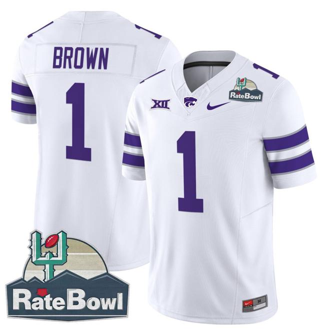 Men's Nike Jayce Brown Jersey #1 Kansas State Wildcats 2025 Rate Bowl Patch F.U.S.E. Vapor Limited Stitched College Football White