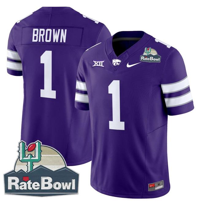 Men's Nike Jayce Brown Jersey #1 Kansas State Wildcats 2025 Rate Bowl Patch F.U.S.E. Vapor Limited Stitched College Football Purple