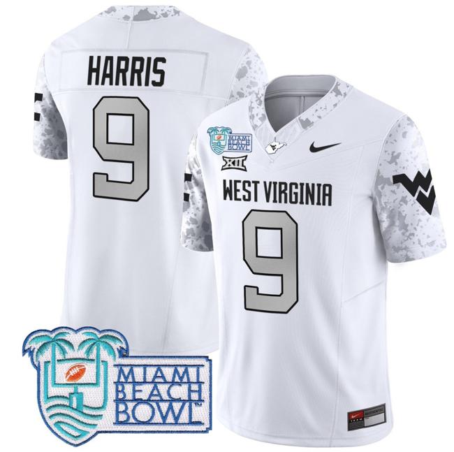 Men's Nike Major Harris Jersey #9 West Virginia Mountaineers 2025 Miami Beach Bowl Patch F.U.S.E. Vapor Limited Stitched College Football White