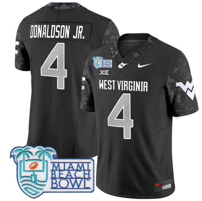 Men's Nike CJ Donaldson Jr Jersey #4 West Virginia Mountaineers 2025 Miami Beach Bowl Patch F.U.S.E. Vapor Limited Stitched College Football Coal