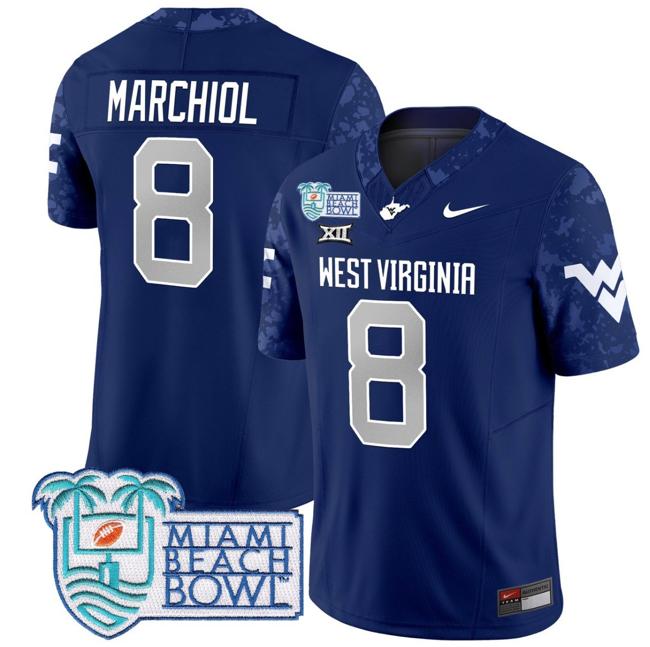 Men's Nike Nicco Marchiol Jersey #8 West Virginia Mountaineers 2025 Miami Beach Bowl Patch F.U.S.E. Vapor Limited Stitched College Football Navy