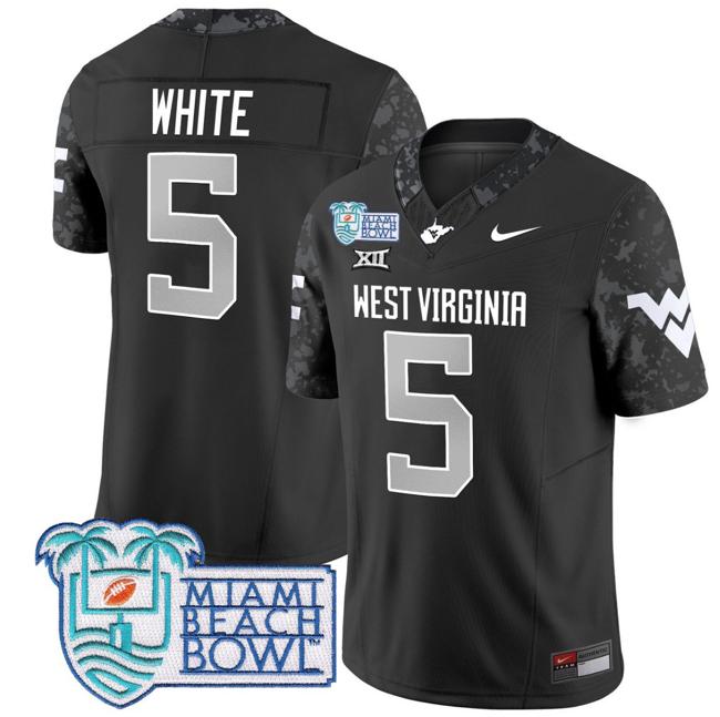 Men's Nike Pat White Jersey #5 West Virginia Mountaineers 2025 Miami Beach Bowl Patch F.U.S.E. Vapor Limited Stitched College Football Coal