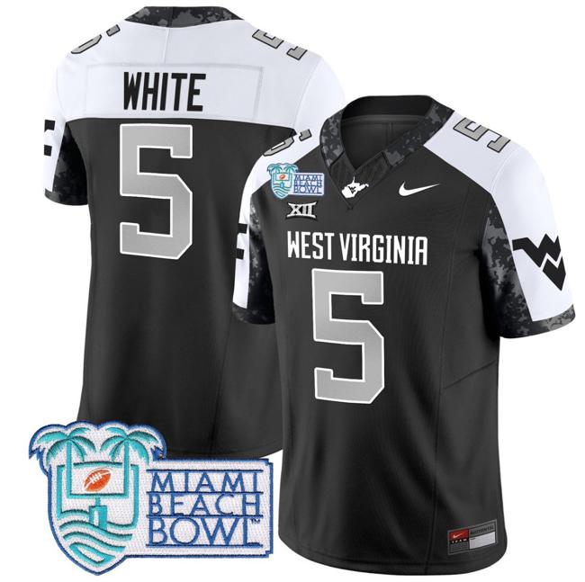 Men's Nike Pat White Jersey #5 West Virginia Mountaineers 2025 Miami Beach Bowl Patch F.U.S.E. Vapor Limited Stitched College Football Alternate